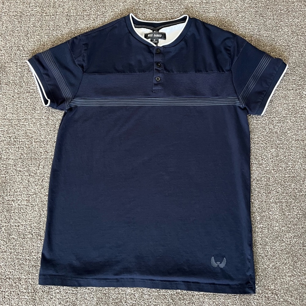 Nick Danger Flex Fit Navy Blue Striped Short Sleeve Henley T Shirt Mens Size M